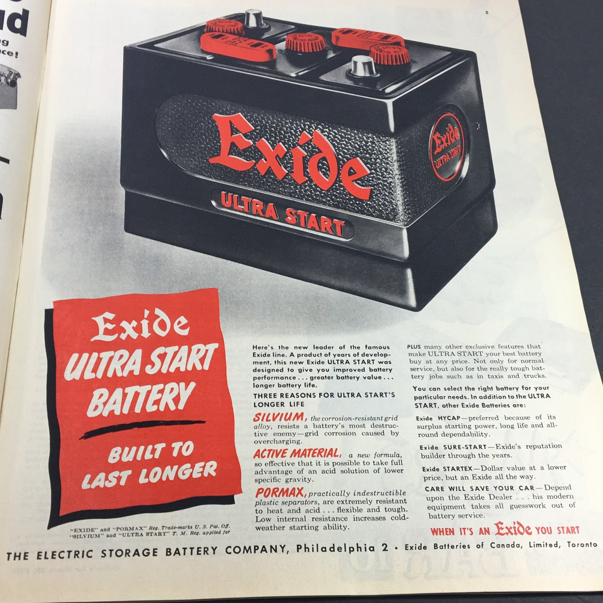 Advertisement for Exide Ultra Start Battery featured in VTG Collier's Magazine March 29, 1952, demonstrating mid-century product marketing.