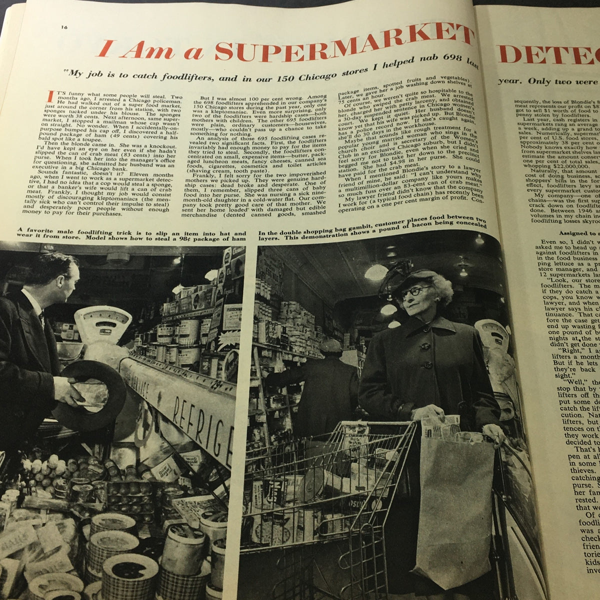 Article titled 'I Am a Supermarket Detective' in VTG Collier's Magazine March 29, 1952, illustrating the life of a food store detective.