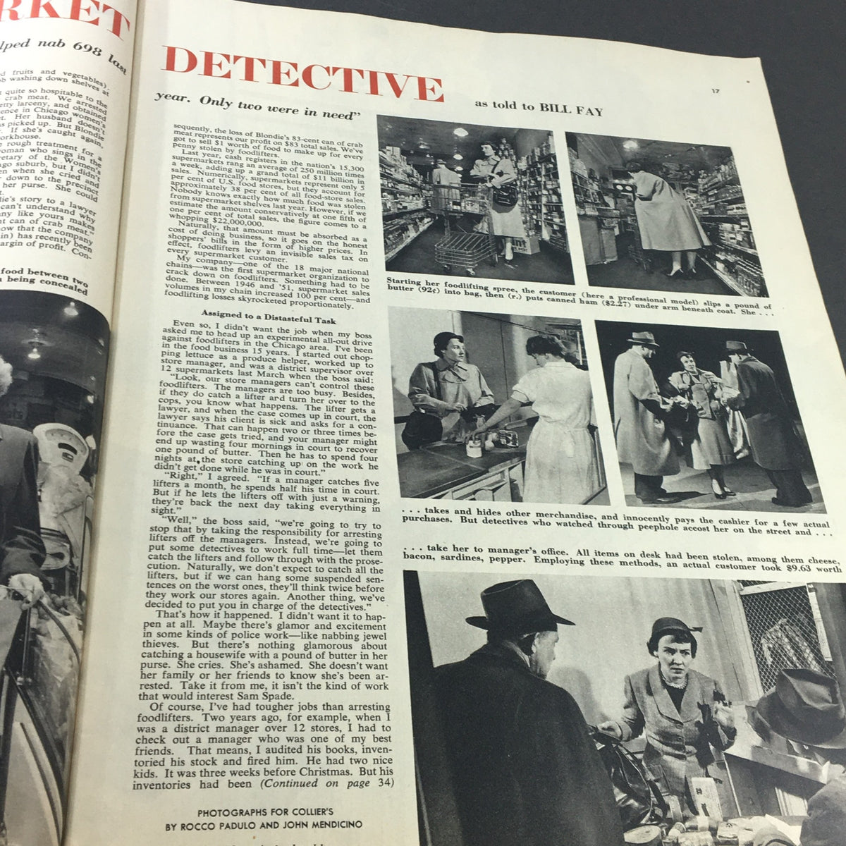 Continuation of the article 'I Am a Supermarket Detective' from VTG Collier's Magazine March 29, 1952, with photographs depicting food theft scenarios.