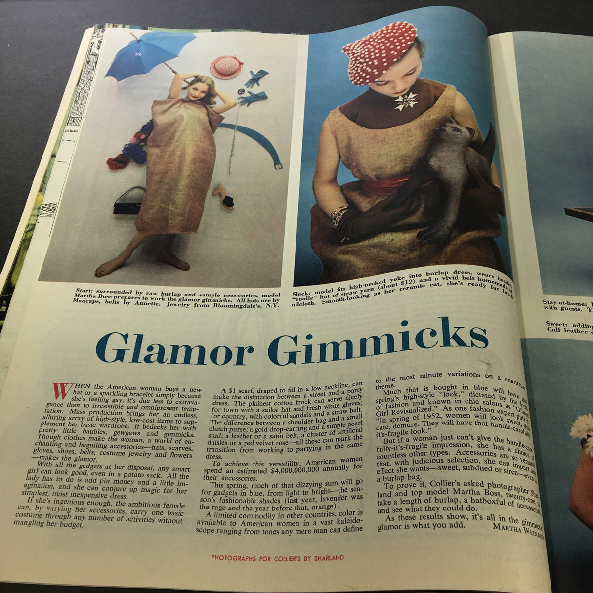 Collier's Magazine March 29 1952 featuring the article 'Glamor Gimmicks' with models showcasing fashion and accessories.