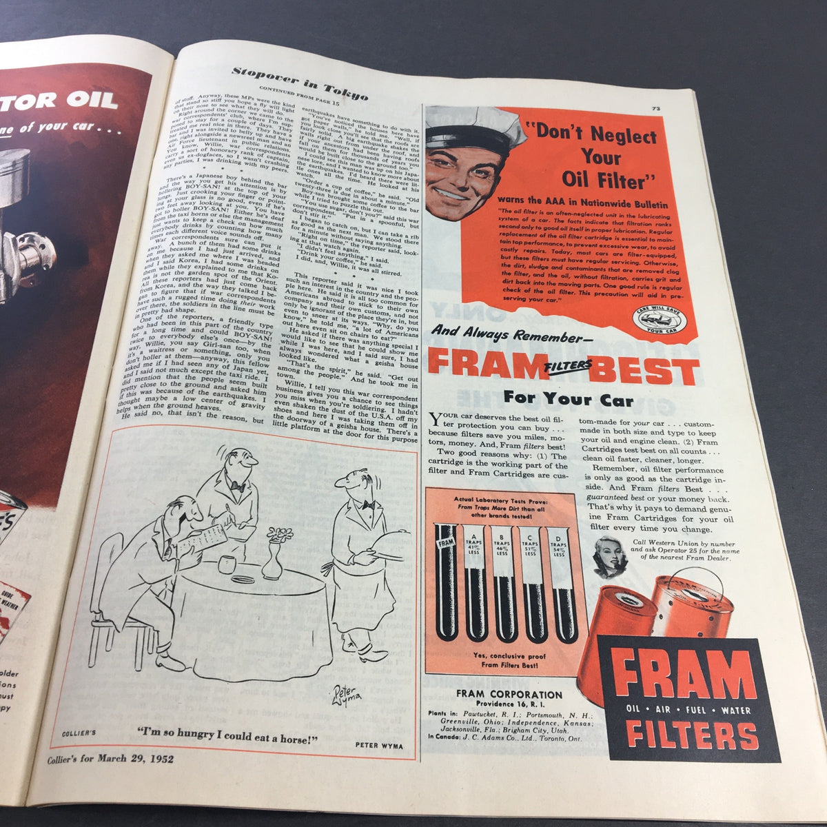 Article page from VTG Collier's Magazine March 29 1952 featuring a stopover in Tokyo and advertisements including a cartoon about dining.