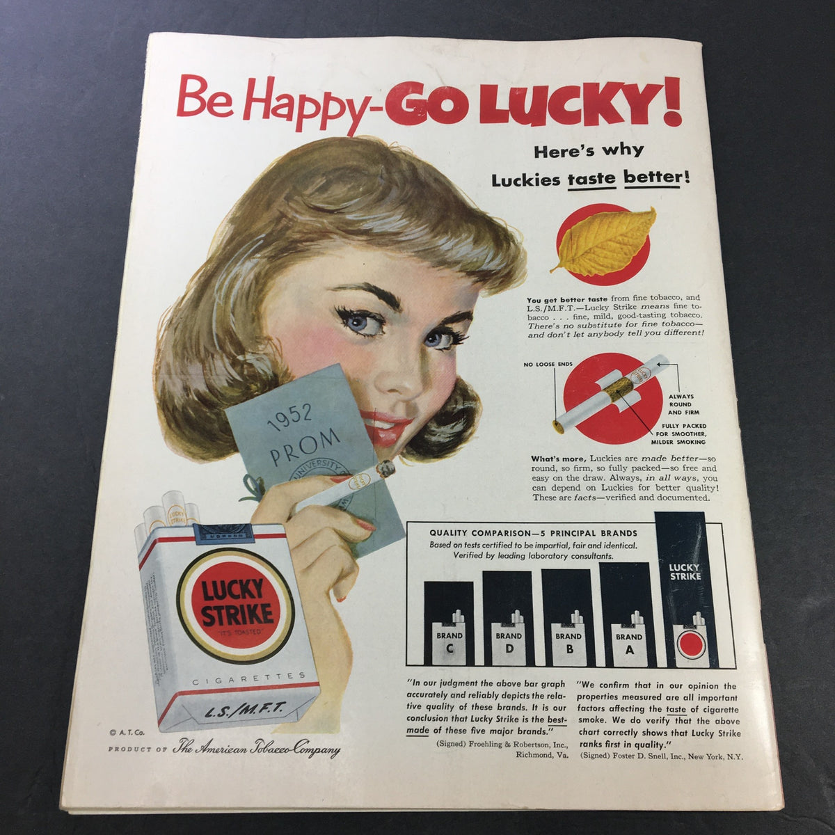 Vintage advertisement from VTG Collier's Magazine March 29 1952 promoting Lucky Strike cigarettes with a smiling woman holding a cigarette and a 1952 prom booklet.