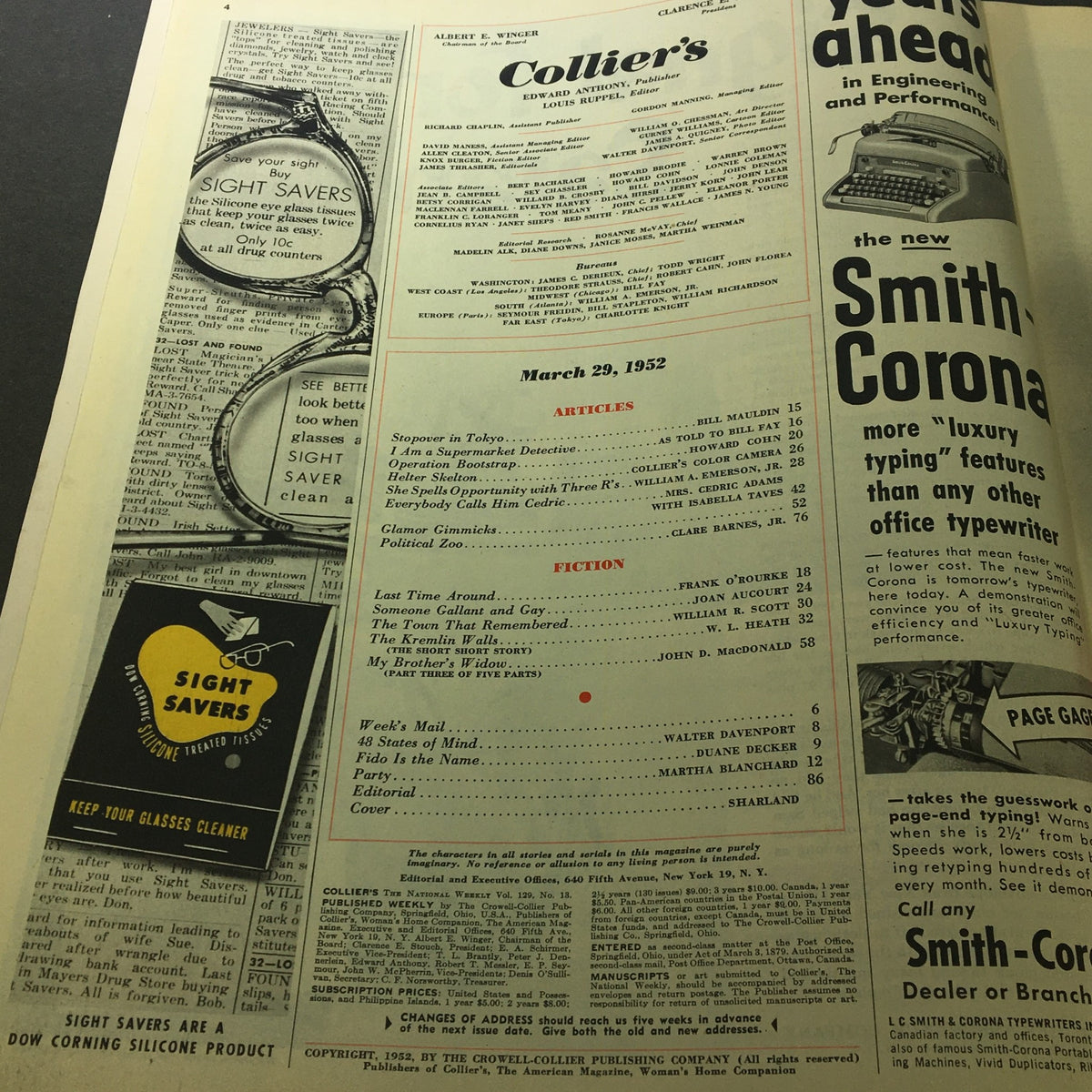 Interior page of Collier's Magazine from March 29, 1952, showcasing the articles table of contents and advertisements.