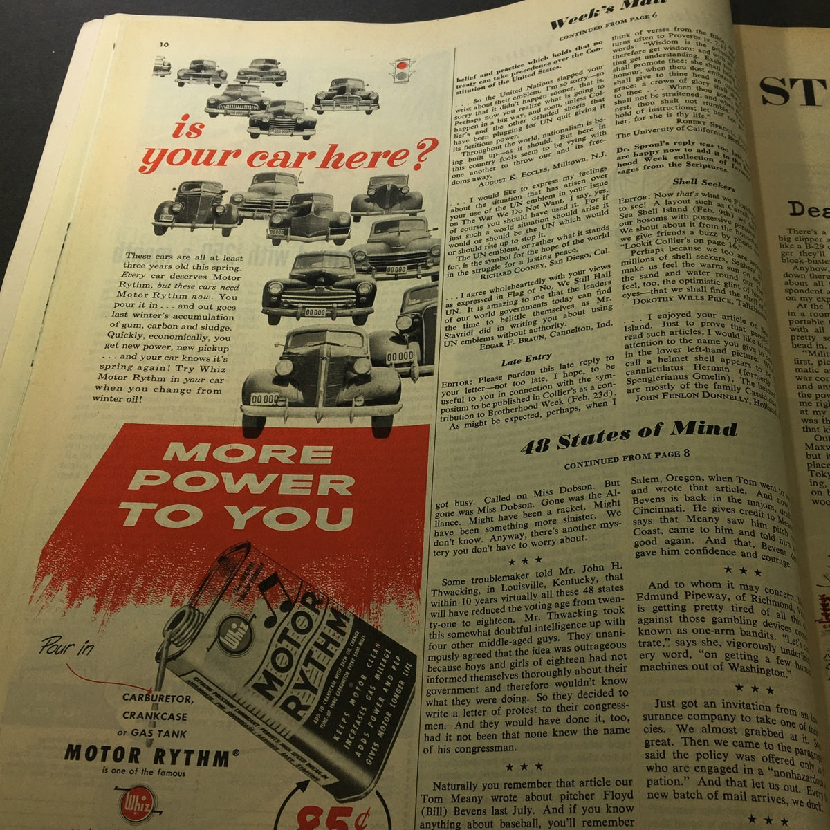 Advertisement page from Collier's Magazine March 29, 1952, featuring vintage cars and engine oil products.