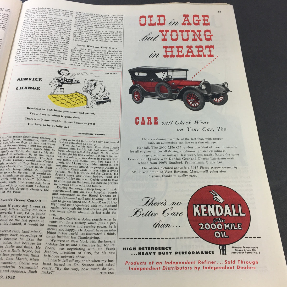 Page from VTG Collier's Magazine March 29 1952 displaying an advertisement for Kendall oil with a classic 1917 automobile. The layout highlights mid-20th century advertising styles and the content discusses car maintenance.