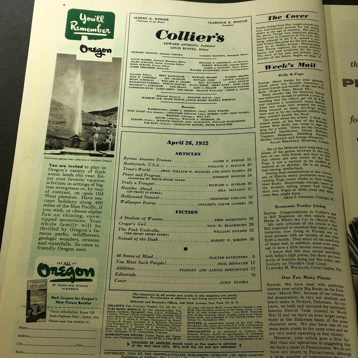 VTG Collier's Magazine April 26 1952 featuring articles and advertisements, showcasing the political landscape and culture of the early 1950s.