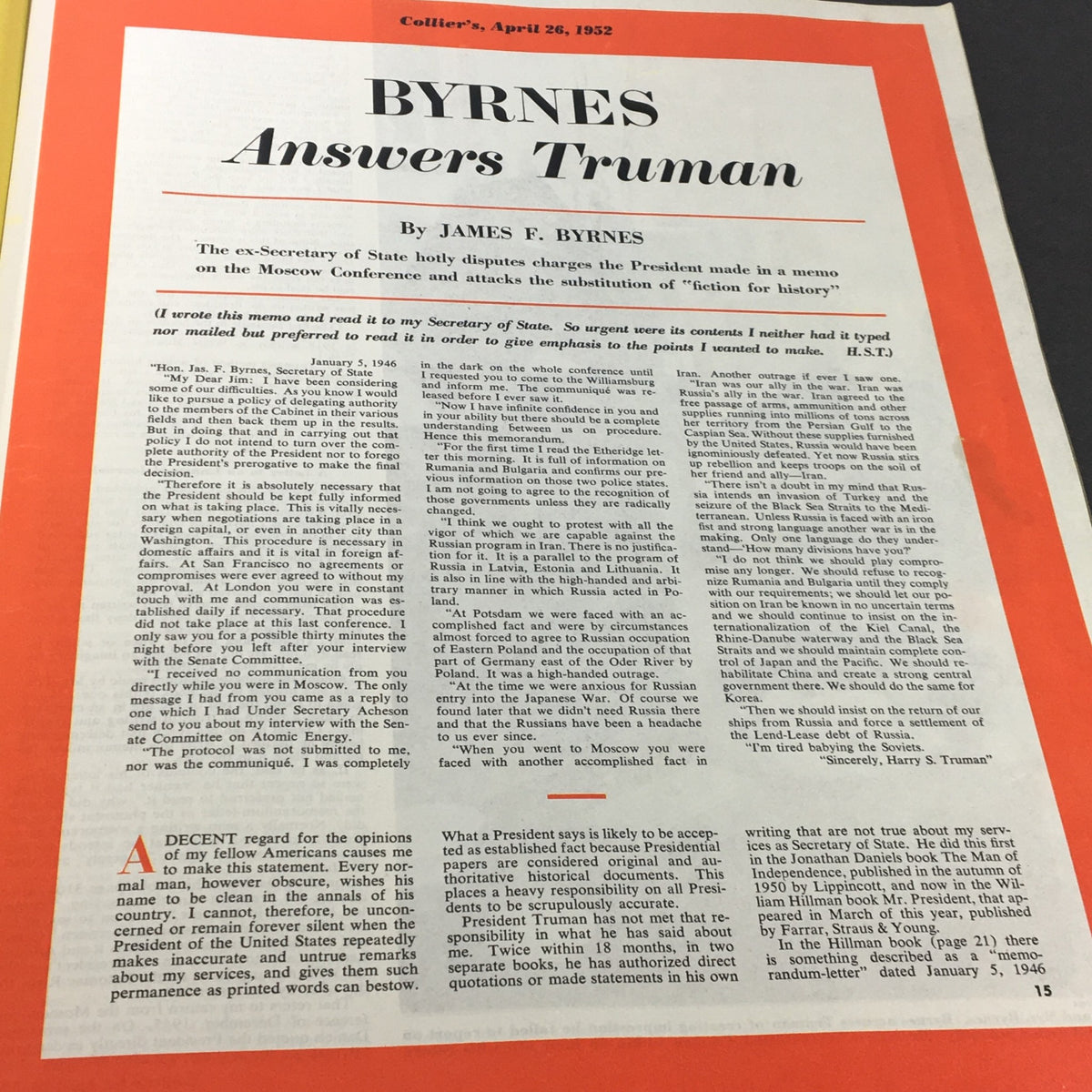VTG Collier's Magazine April 26 1952 featuring an article by James F. Byrnes addressing Harry S. Truman's policies and decisions.