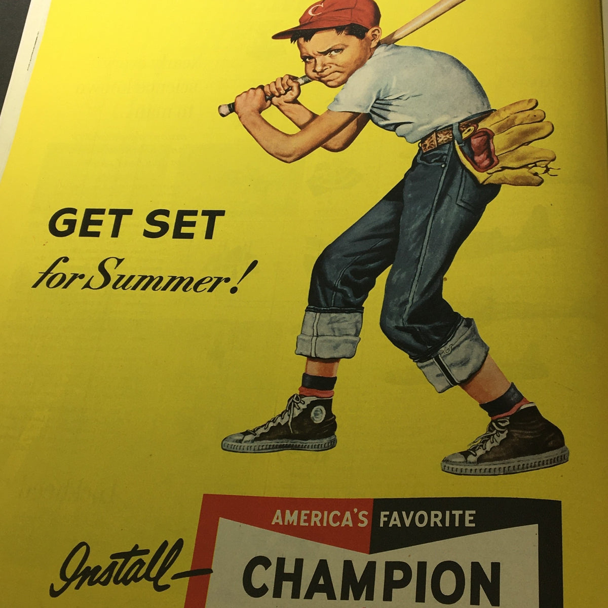 VTG Collier's Magazine April 26 1952 advertisement for Champion spark plugs, featuring a boy with a baseball bat, promoting summer readiness.