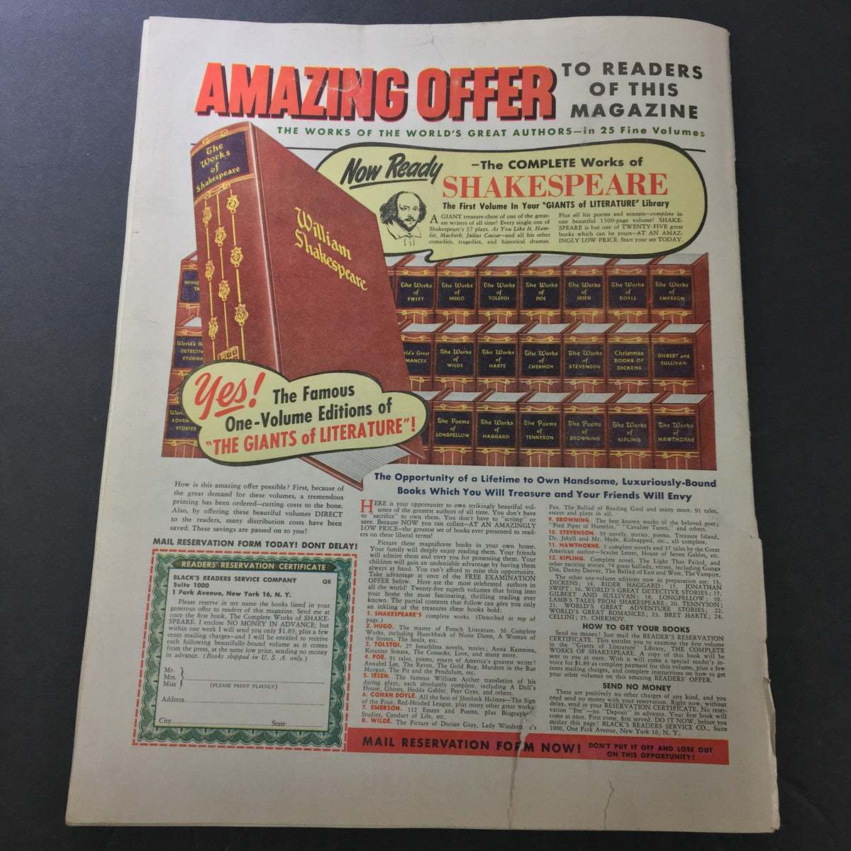 Promotional page from VTG Collier's Magazine April 26 1952 offering complete works of Shakespeare as part of a literature collection.