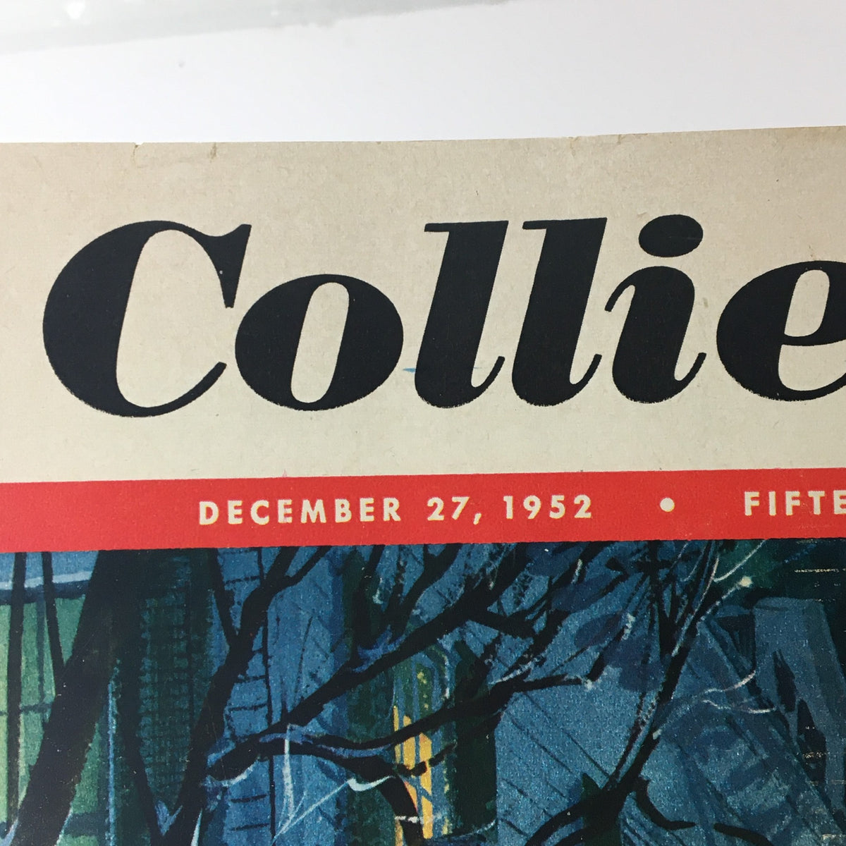 Close-up of the title section of VTG Collier's Magazine December 27 1952, highlighting the iconic font and details of the magazine that features an Album of Favorite Christmas Art.