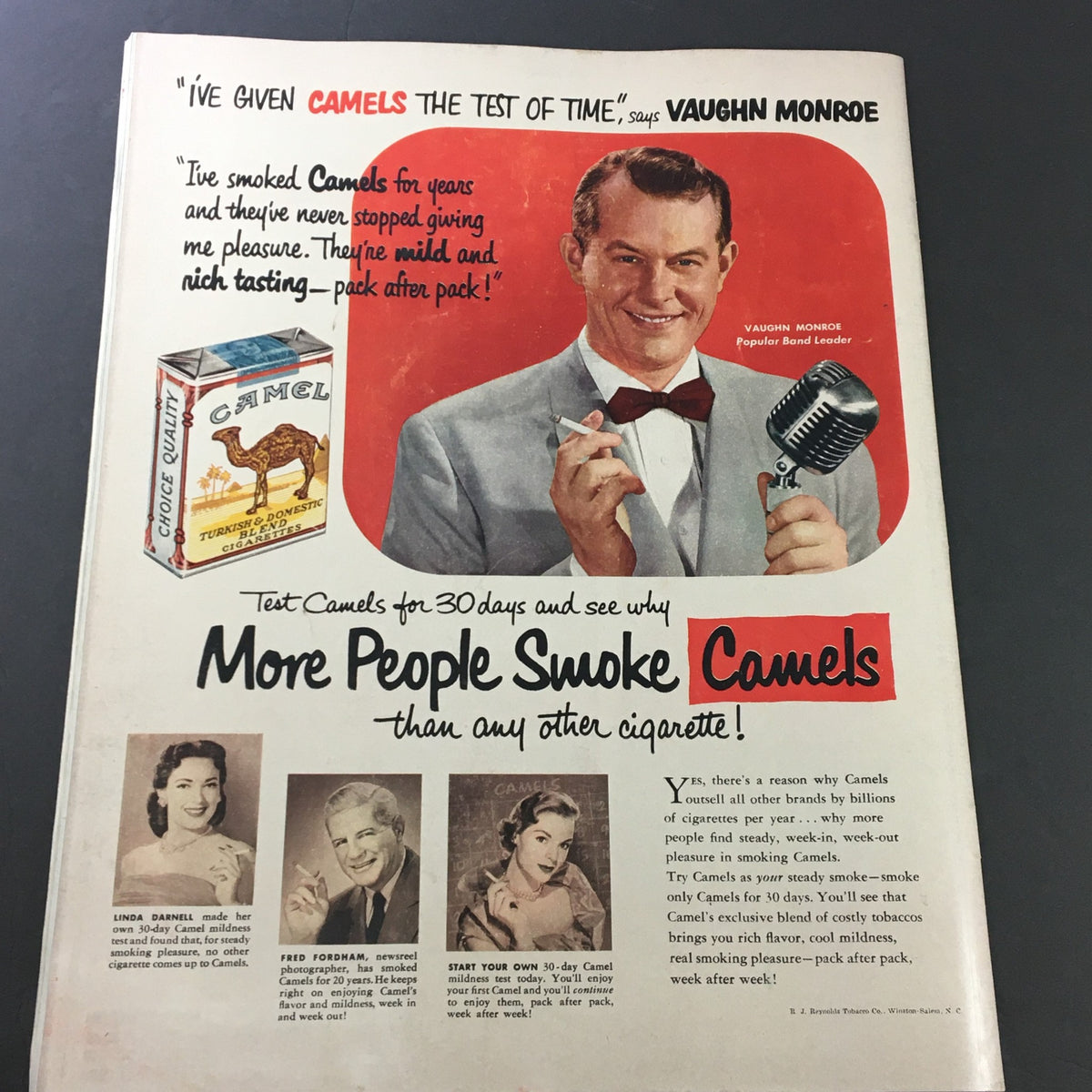 VTG Collier's Magazine December 27 1952 advertising Camel cigarettes with a smiling man at a microphone, reflecting the tobacco industry style of the era.