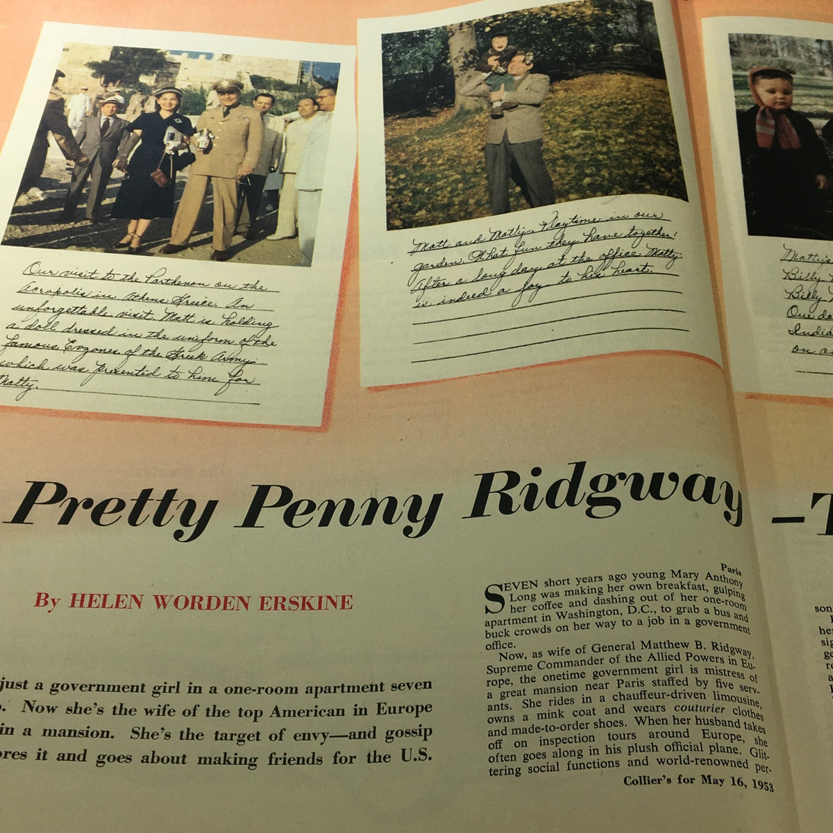 Feature article titled 'Pretty Penny Ridgway' with photographs and handwritten notes from Collier's Magazine May 16 1953.