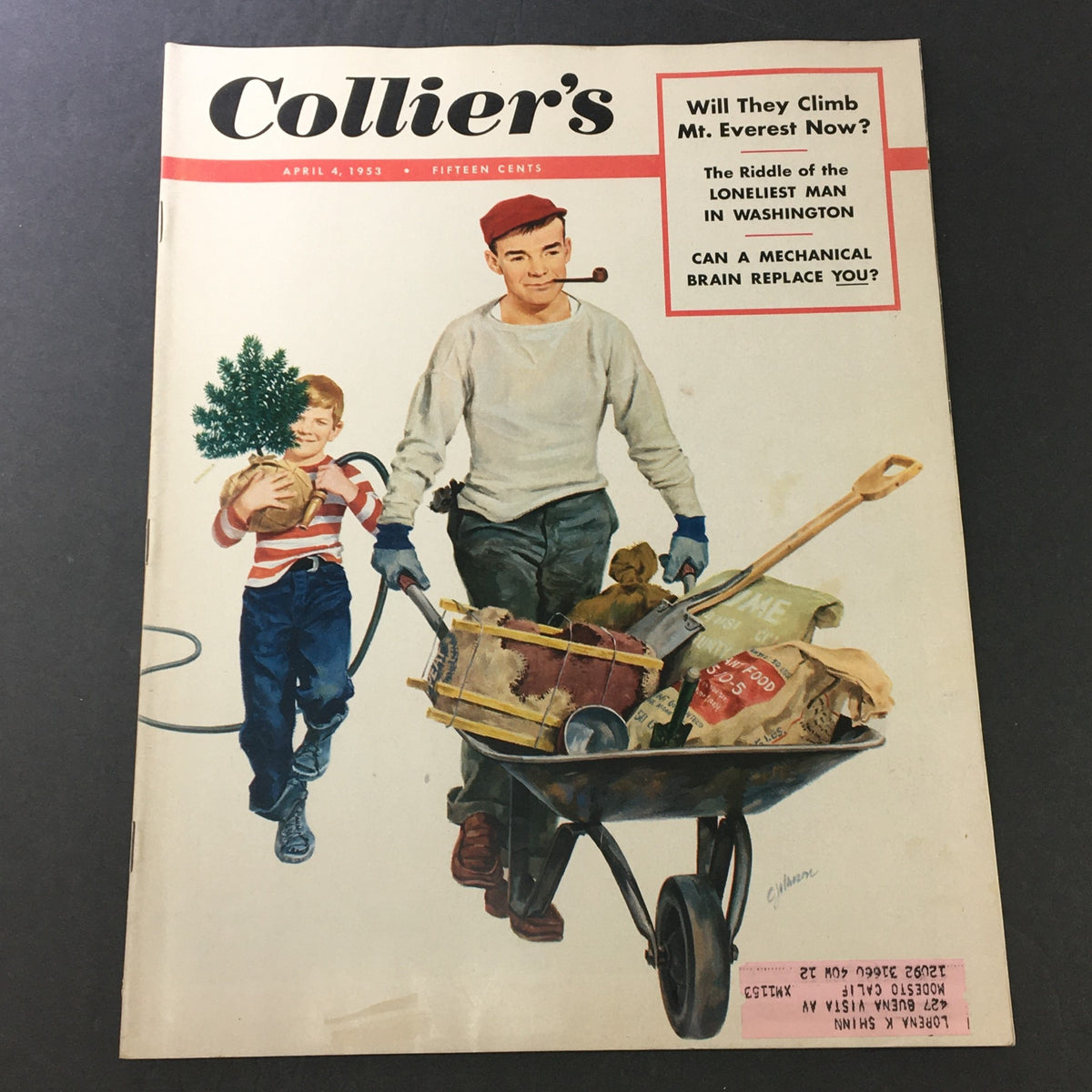 Vintage magazine cover of VTG Collier's Magazine April 4, 1953, featuring illustrations of a boy with a tree and a young man with a wheelbarrow, highlighting the story 'Riddle of the Loneliest Man in Washington'.