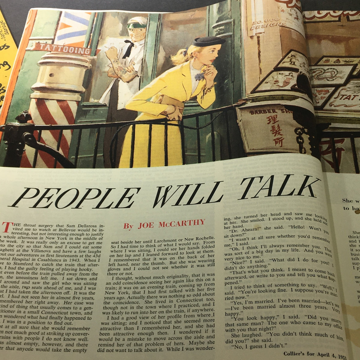 Illustration from VTG Collier's Magazine April 4, 1953, titled 'People Will Talk' by Joe McCarthy, featuring a woman dressed in yellow observing an artist in a tattoo parlor.