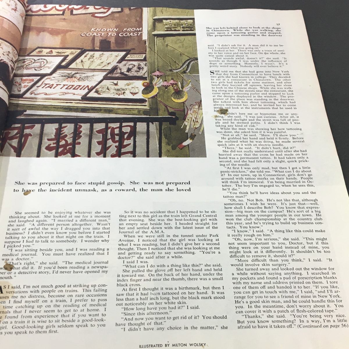 Page from VTG Collier's Magazine April 4, 1953, showcasing an illustration related to a story about gossip and relationships, with a vintage aesthetic reflecting the era.