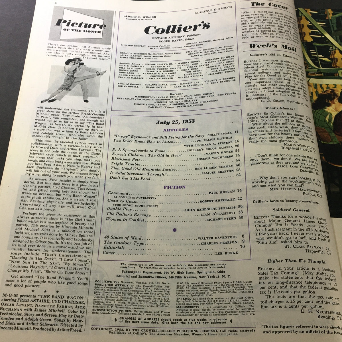 Interior page of VTG Collier's Magazine July 25, 1953, displaying the table of contents and various articles from that issue, highlighting its historical context.