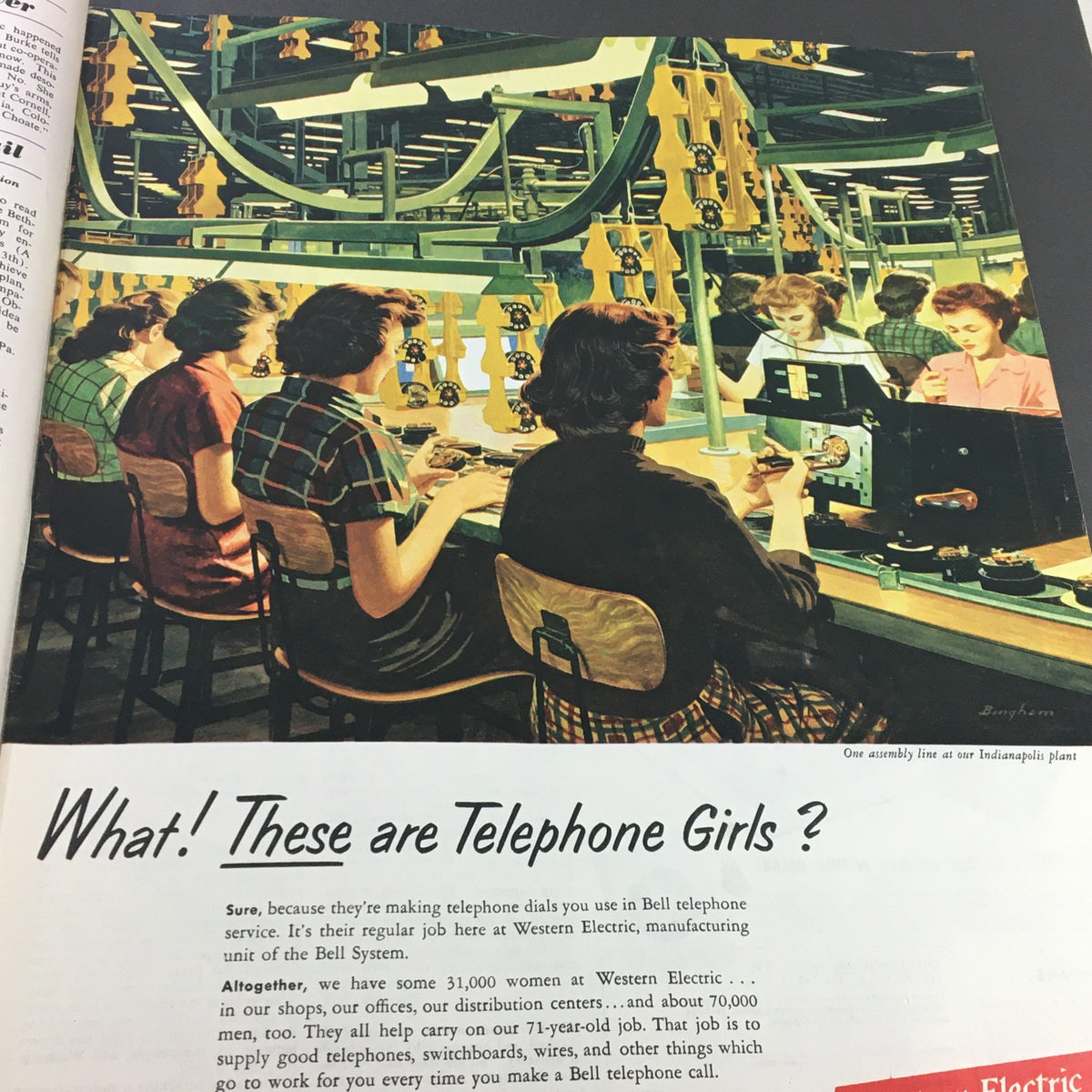 Illustration from VTG Collier's Magazine July 25, 1953 depicting women working as telephone operators, representing historical employment practices.