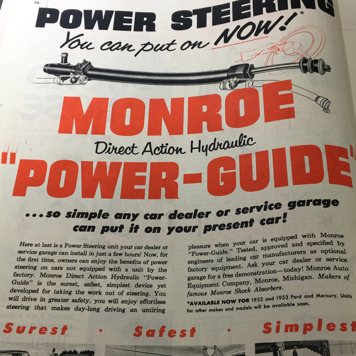 VTG Collier's Magazine July 25 1953 advertisement for Monroe Power-Guide hydraulic steering, highlighting ease and simplicity of installation for cars.