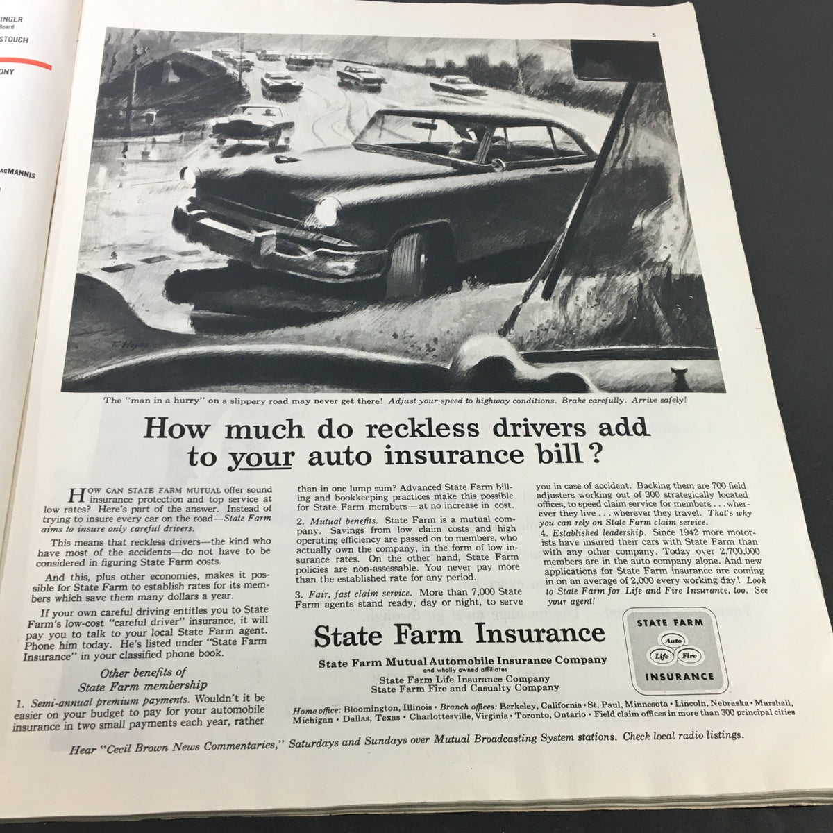Advertisement page from the VTG Collier's Magazine from October 16, 1953, discussing auto insurance with a focus on reckless driving.