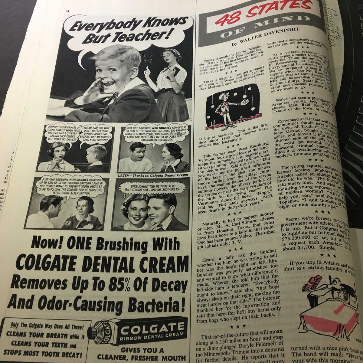 Page from the VTG Collier's Magazine from October 16, 1953 showcasing an advertisement for Colgate Dental Cream with engaging comic-style illustrations.
