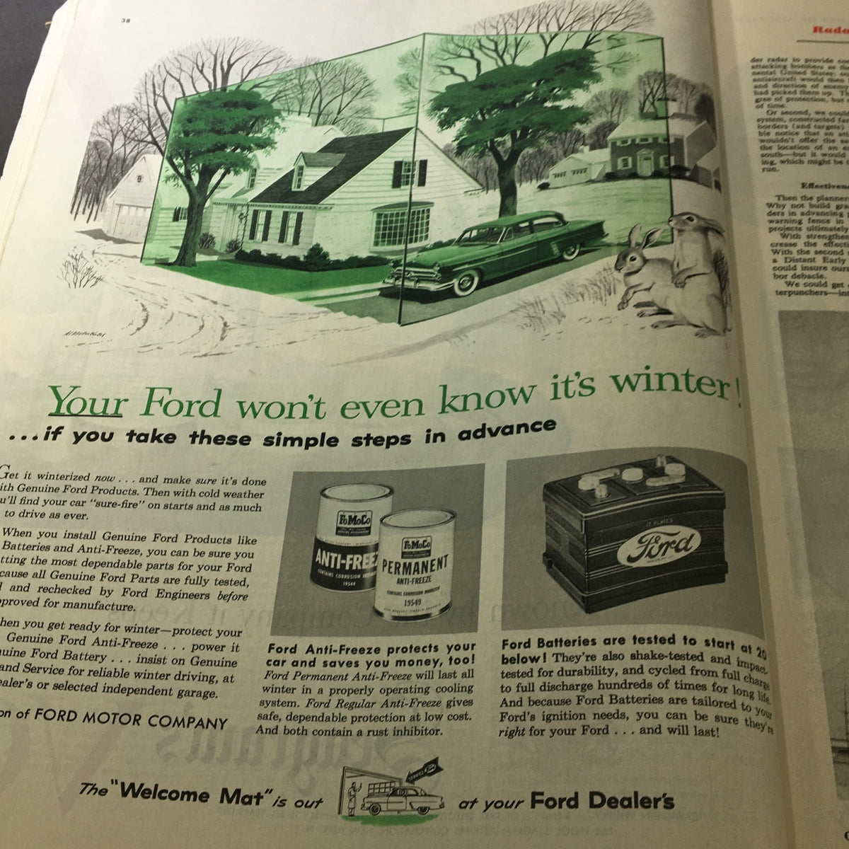 Advertisement for Ford Motor Company in VTG Collier's Magazine October 16 1953, explaining winter preparation tips for Ford vehicles with winter-themed illustrations.