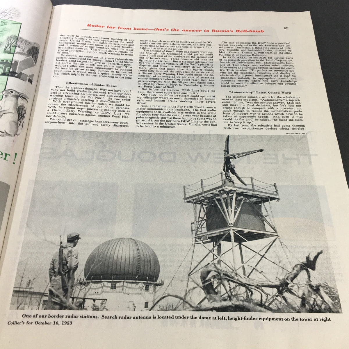 Article page from VTG Collier's Magazine October 16 1953, discussing radar technology and its role in national defense against threats during the Cold War.