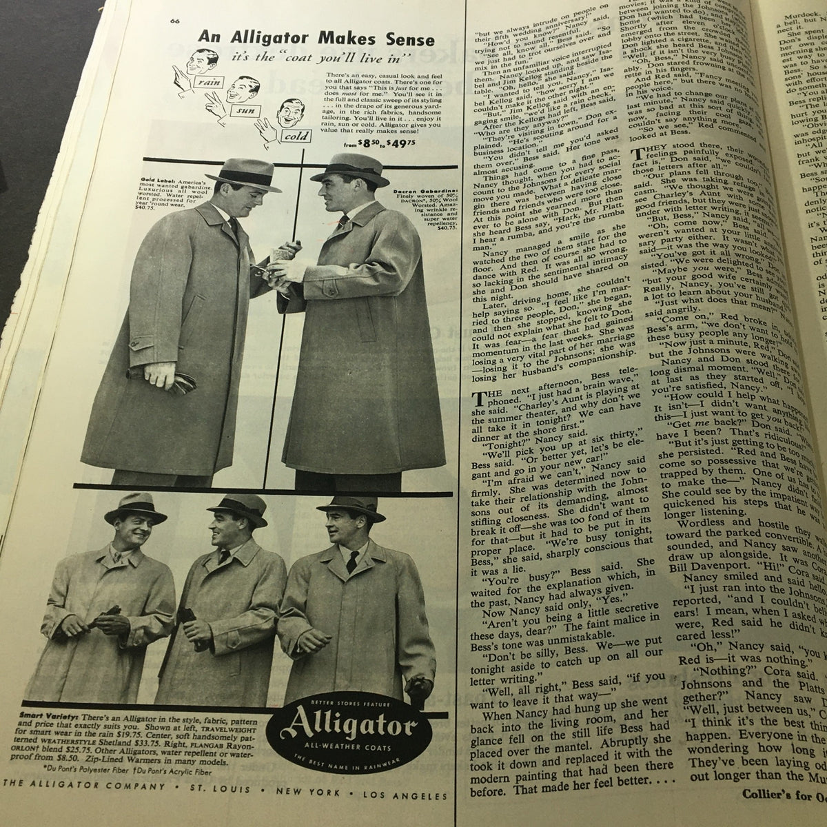 Advertisement for Alligator Coats in VTG Collier's Magazine October 16 1953, showcasing stylish all-weather coats worn by models.