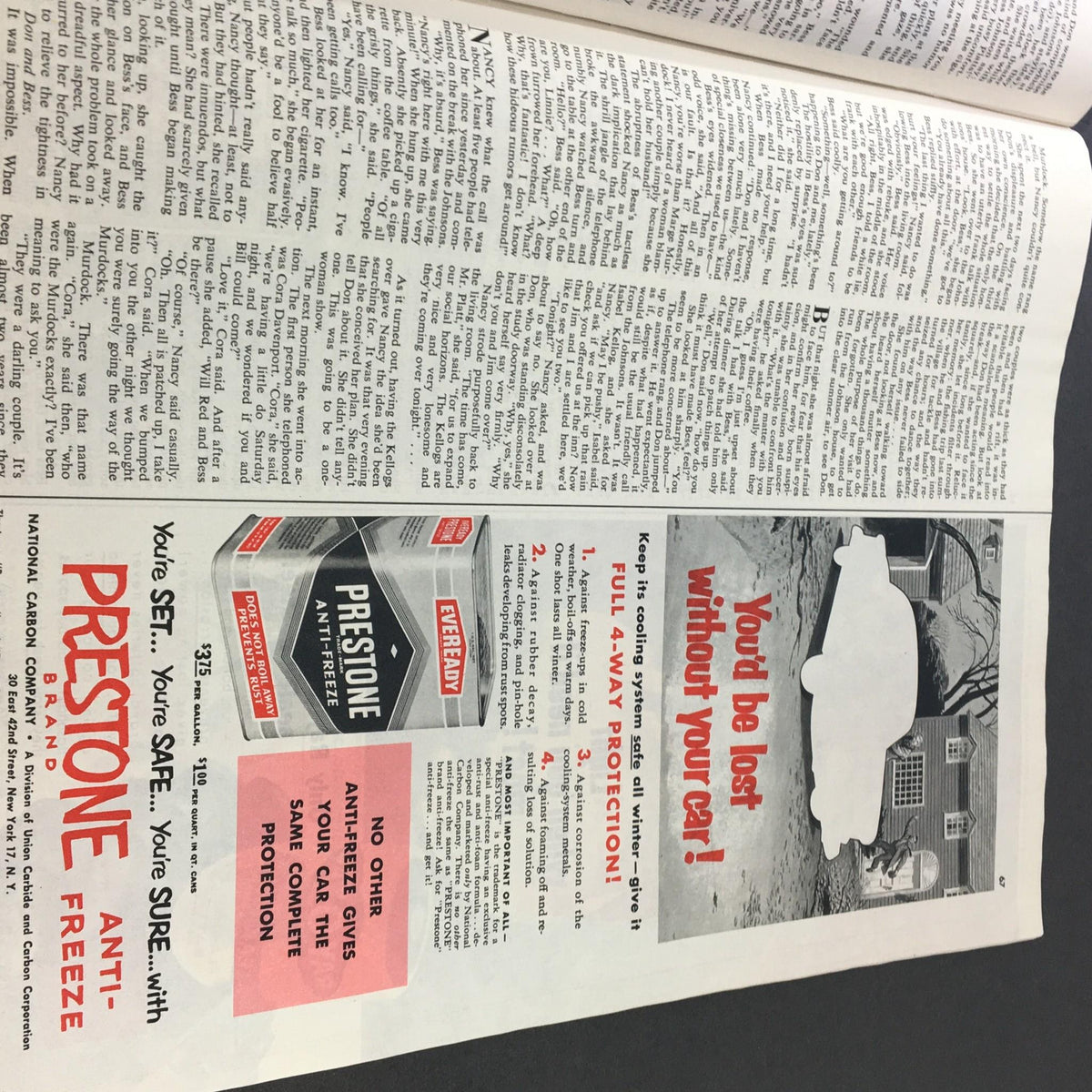 Prestone anti-freeze advertisement in VTG Collier's Magazine October 16 1953, highlighting the importance of winter car maintenance with illustrative graphics.