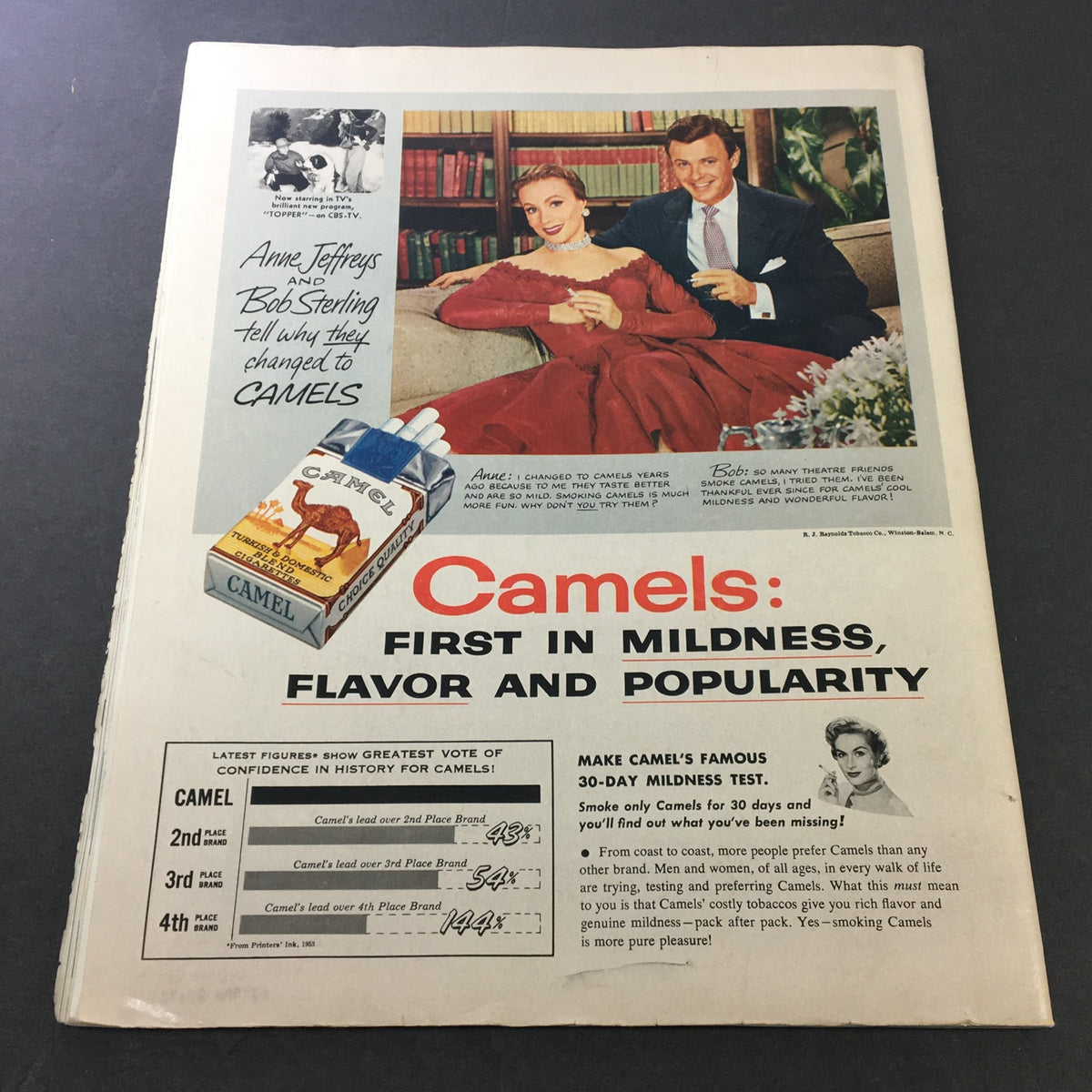 Advertisement for Camel cigarettes featuring actors Anne Jeffreys and Bob Sterling from VTG Collier's Magazine October 16 1953.