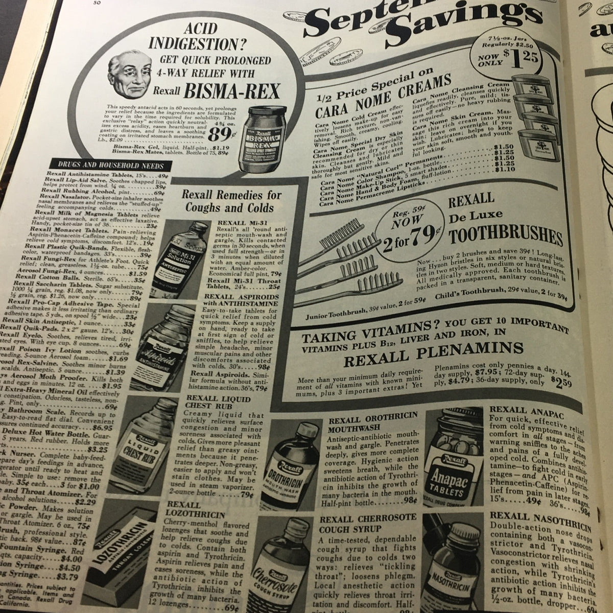 Page from VTG Collier's Magazine September 17 1954 displaying a vintage advertisement for Rexall products, highlighting various medicine and household items available in September.