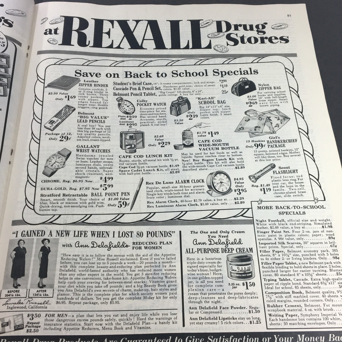 Another advertisement page from VTG Collier's Magazine September 17 1954 featuring back-to-school specials at Rexall Drug Stores, promoting various school supplies and goods.