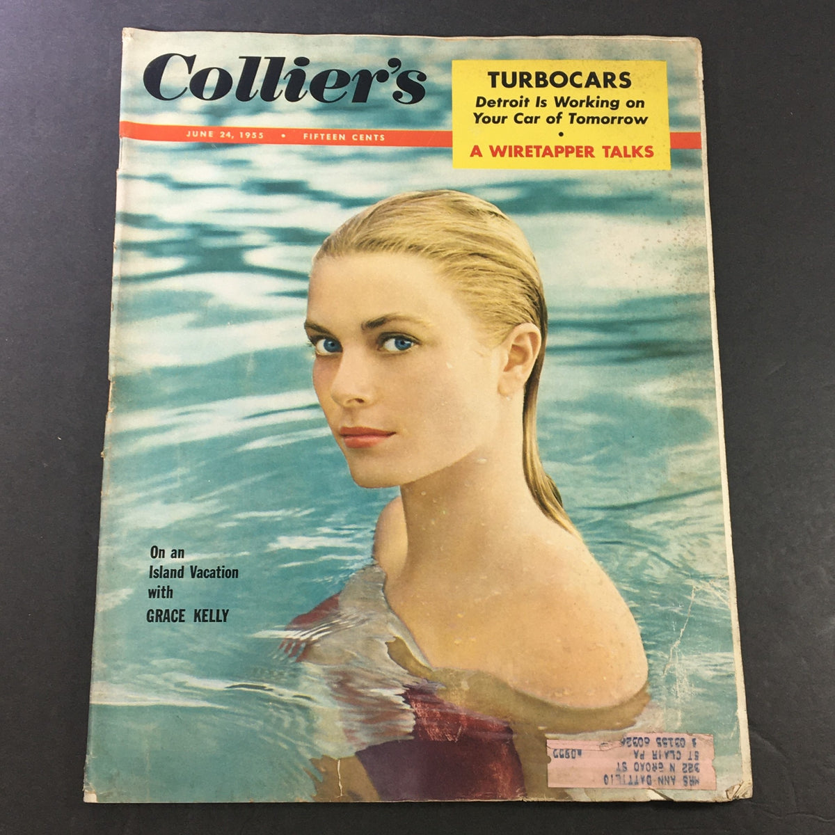 Cover of Collier's Magazine dated June 24, 1955 featuring Grace Kelly on an island vacation, showcasing vintage design and glamour.