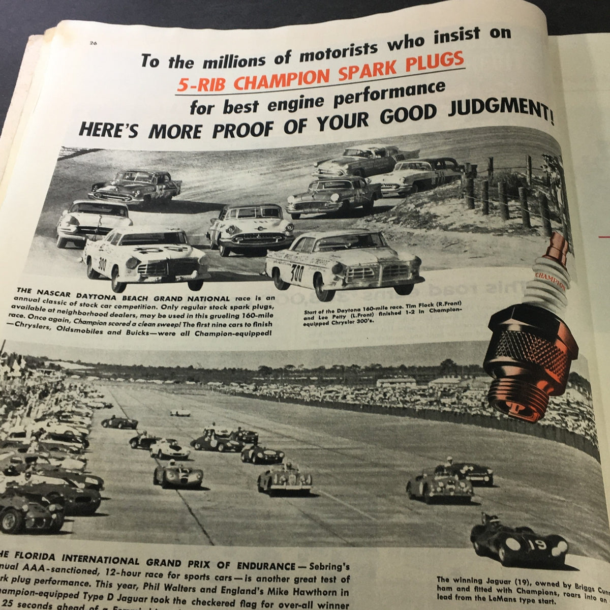 Collier's Magazine June 24, 1955 showing a black and white image of cars participating in the NASCAR Daytona Beach Grand National race, promoting 5-Rib Champion Spark Plugs.