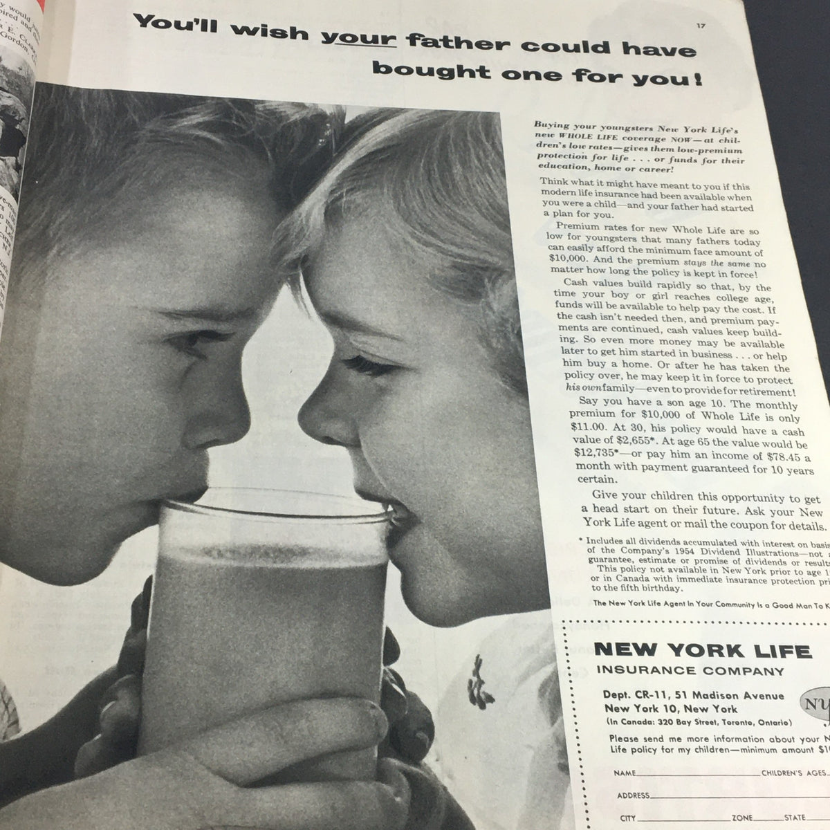 Vintage advertisement in Collier's Magazine September 30 1955 showcasing two children sharing a drink, promoting New York Life insurance for kids.