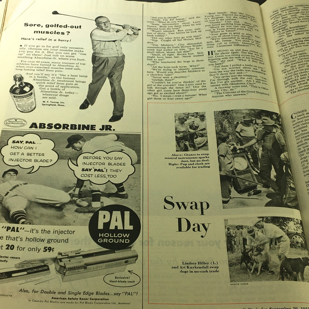 A vintage layout showing individuals swapping musical instruments and promoting Absorbine Jr in a humorous article from Collier's Magazine, September 30, 1955.