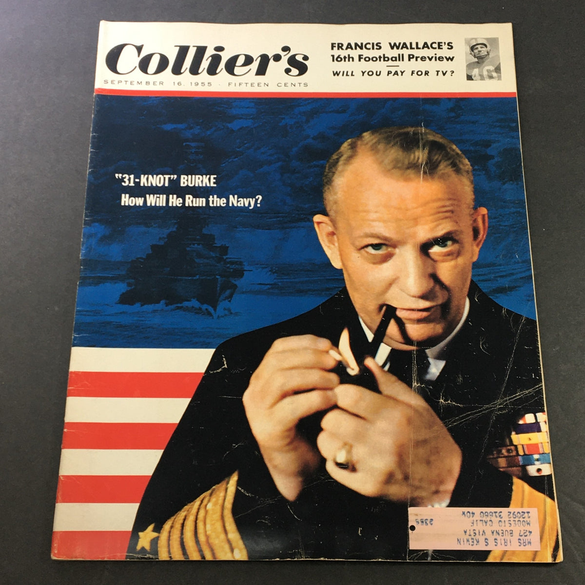 VTG Collier's Magazine September 16 1955 cover featuring Francis Wallace's 16th Football Preview with a prominent image of a naval officer.