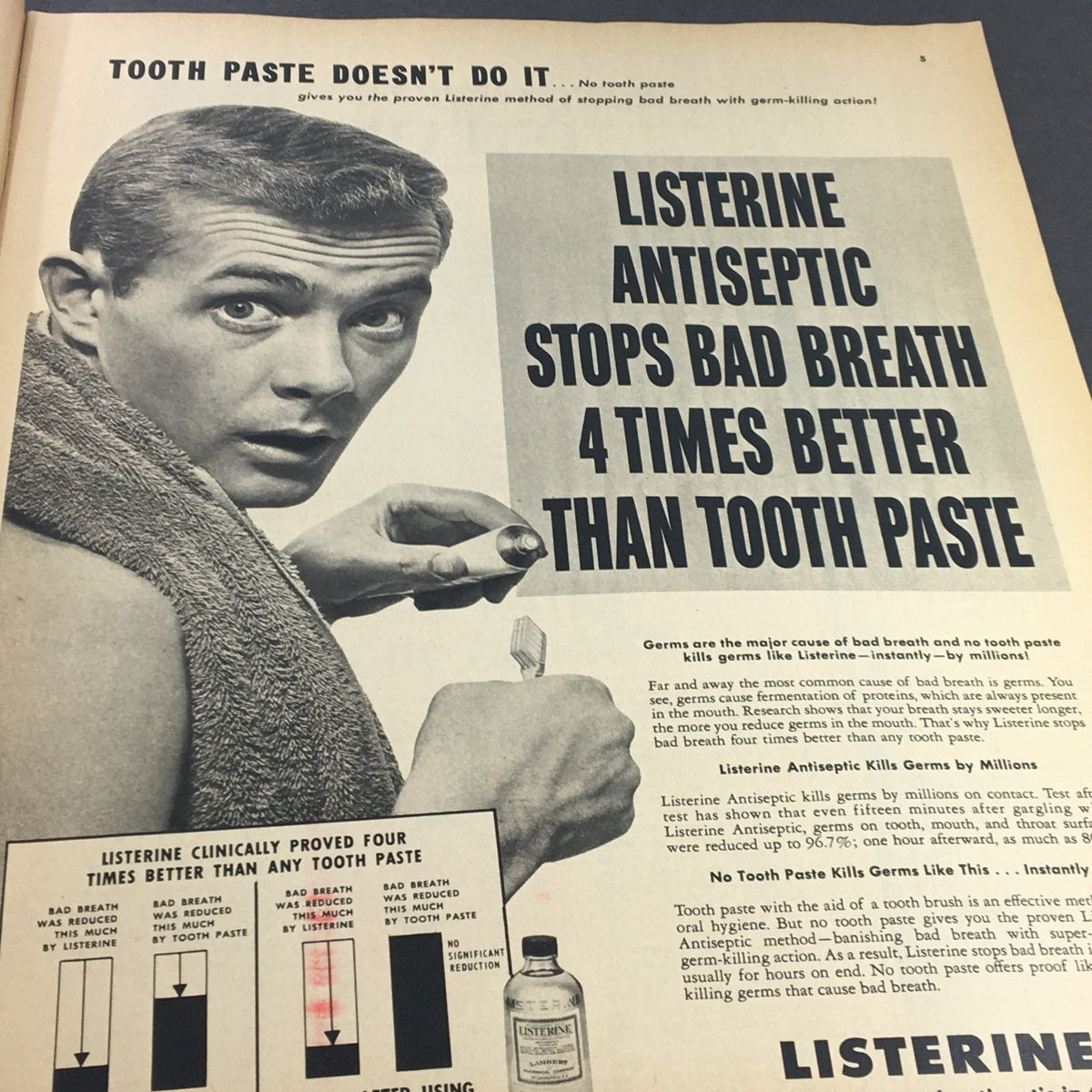 Advertisement in VTG Collier's Magazine September 16 1955 promoting Listerine antiseptic for stopping bad breath more effectively than toothpaste.