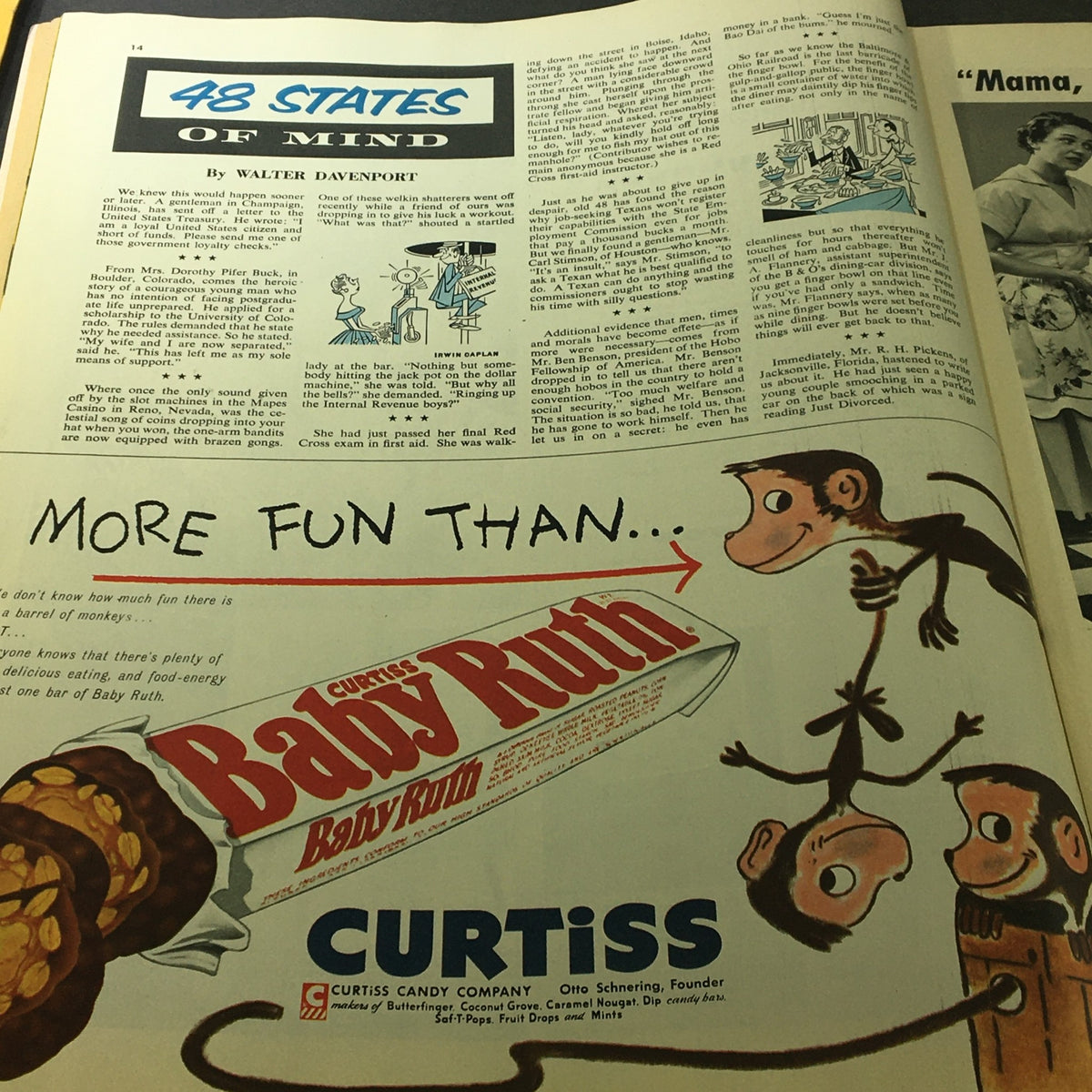 Page from VTG Collier's Magazine September 16 1955 displaying an article titled '48 States of Mind' by Walter Davenport with playful illustrations.