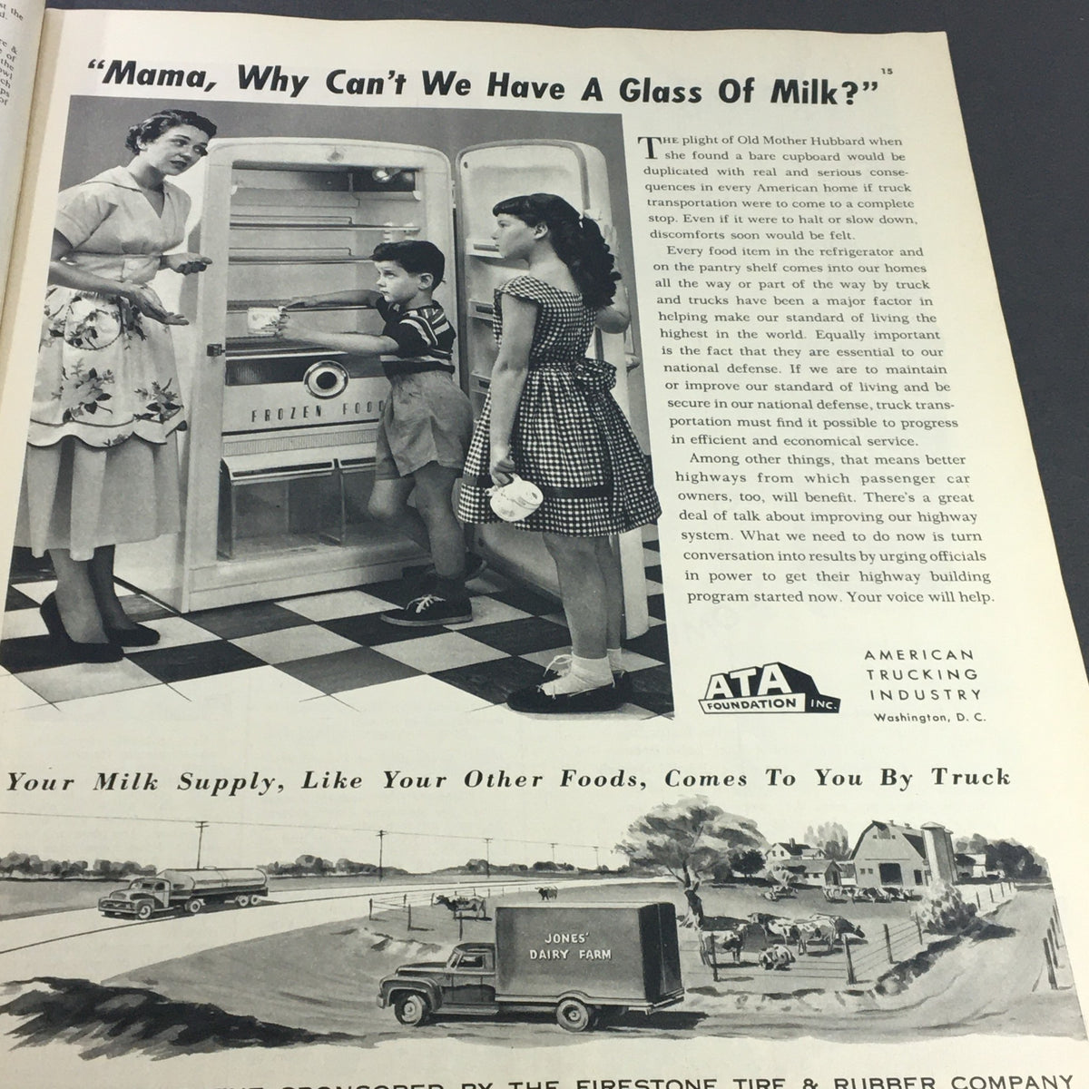 Advertisement in VTG Collier's Magazine September 16 1955 showing a family scene appealing to milk consumers with a truck from Jones' Dairy Farm.