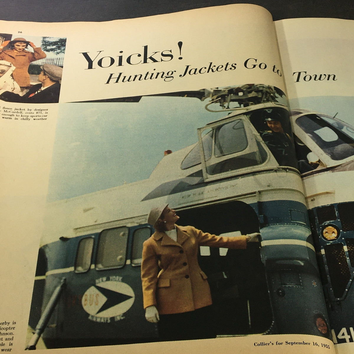 Feature in VTG Collier's Magazine September 16 1955 titled 'Yoicks! Hunting Jackets Go to Town' presenting a model beside an airplane showcasing fashionable outerwear.