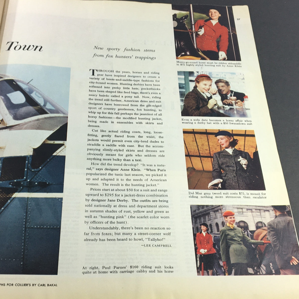 Interior page of VTG Collier's Magazine September 16 1955 showcasing fashion inspired by fox hunters, featuring stylish outfits for women.