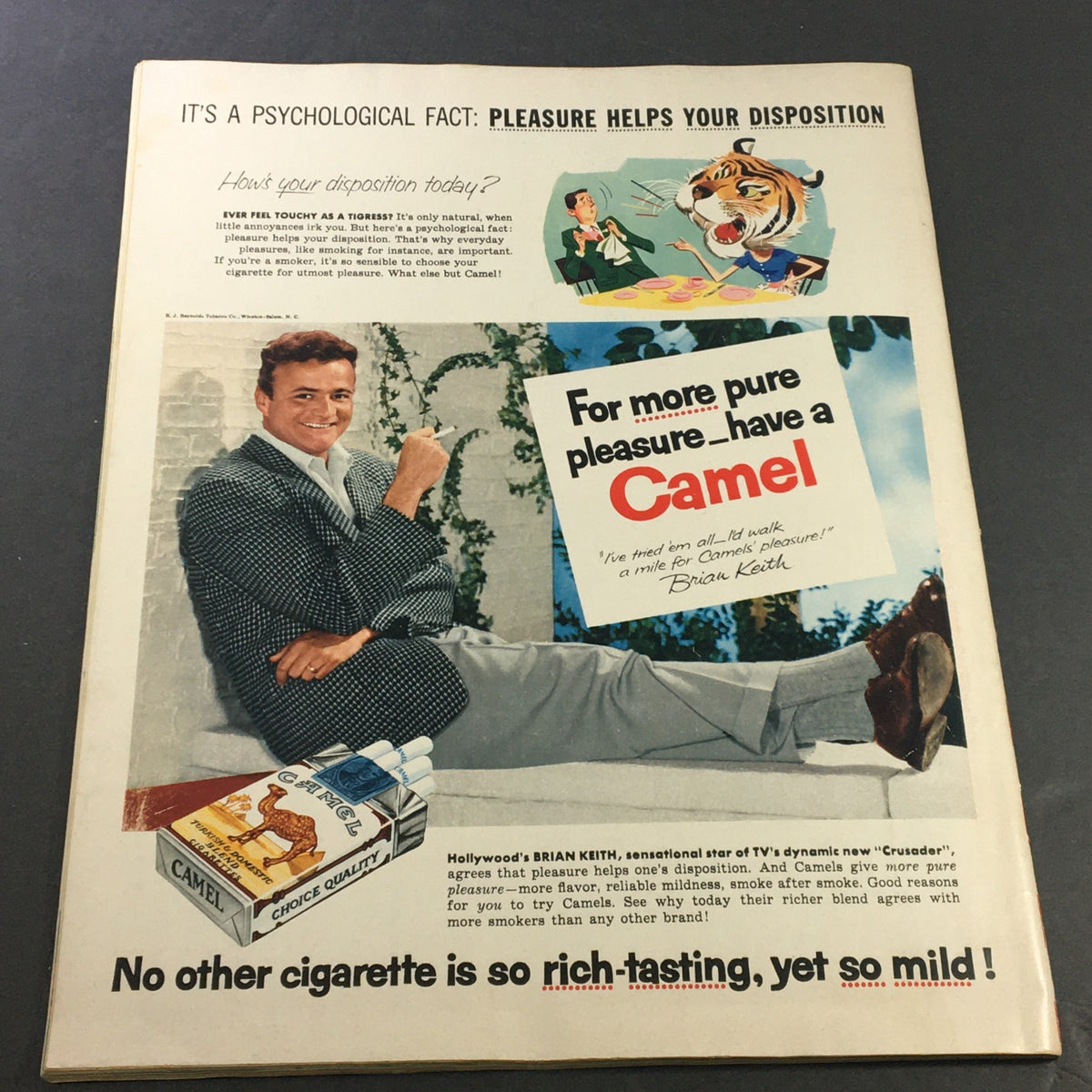 Vintage advertisement featuring a man promoting Camel cigarettes in Collier's Magazine from September 16, 1955, by Francis Wallace, illustrating mid-20th century marketing.