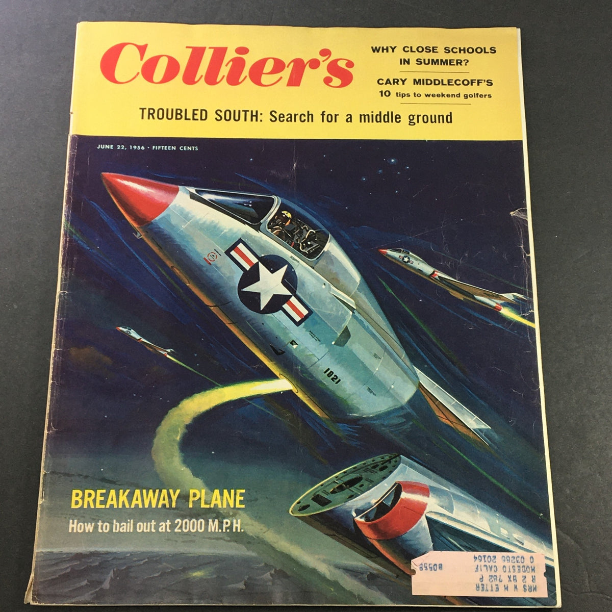 Cover of VTG Collier's Magazine from June 22, 1956, featuring the headline 'Troubled South: Search for a middle ground' and an illustration of a jet aircraft.