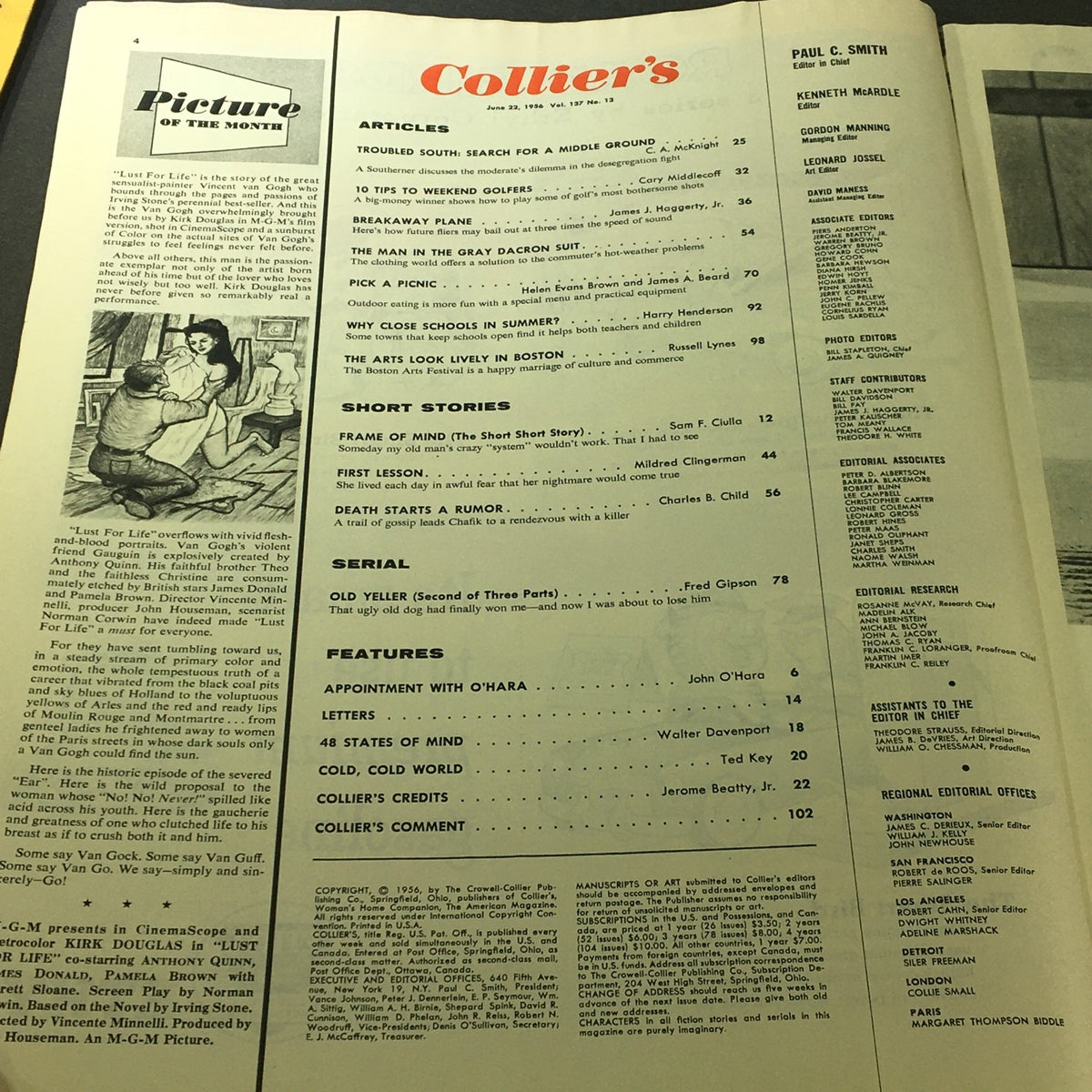Table of contents and articles from VTG Collier's Magazine June 22 1956 featuring Troubled South Search for a Middle Ground and other stories.