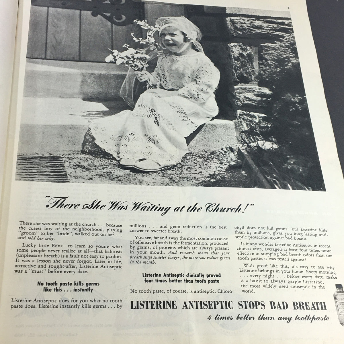 Vintage advertisement in VTG Collier's Magazine June 22 1956 showing a young girl in a wedding dress with flowers, promoting Listerine antiseptic.