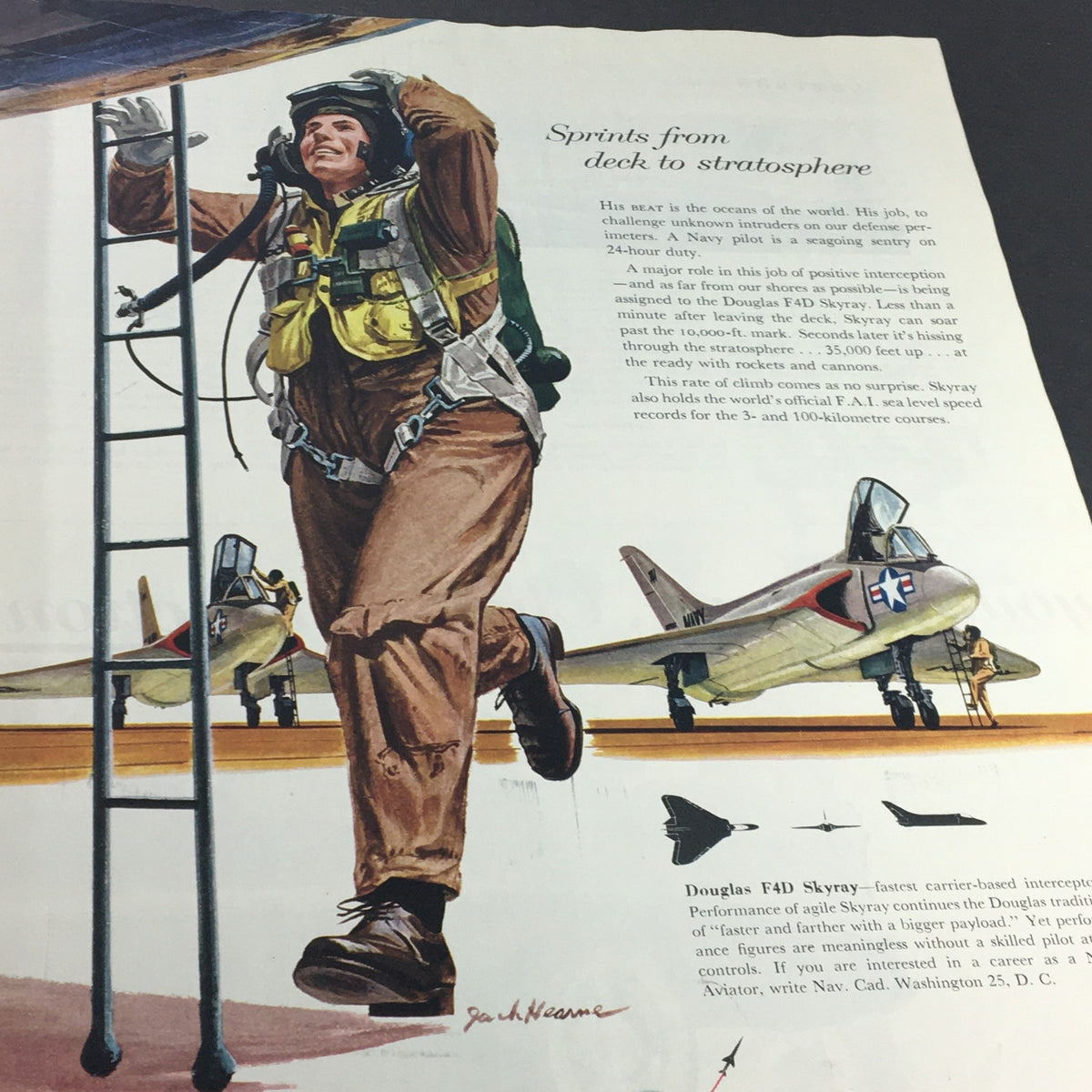 Illustration from VTG Collier's Magazine June 22 1956 depicting a Navy pilot in flight gear preparing for takeoff, related to aviation articles.