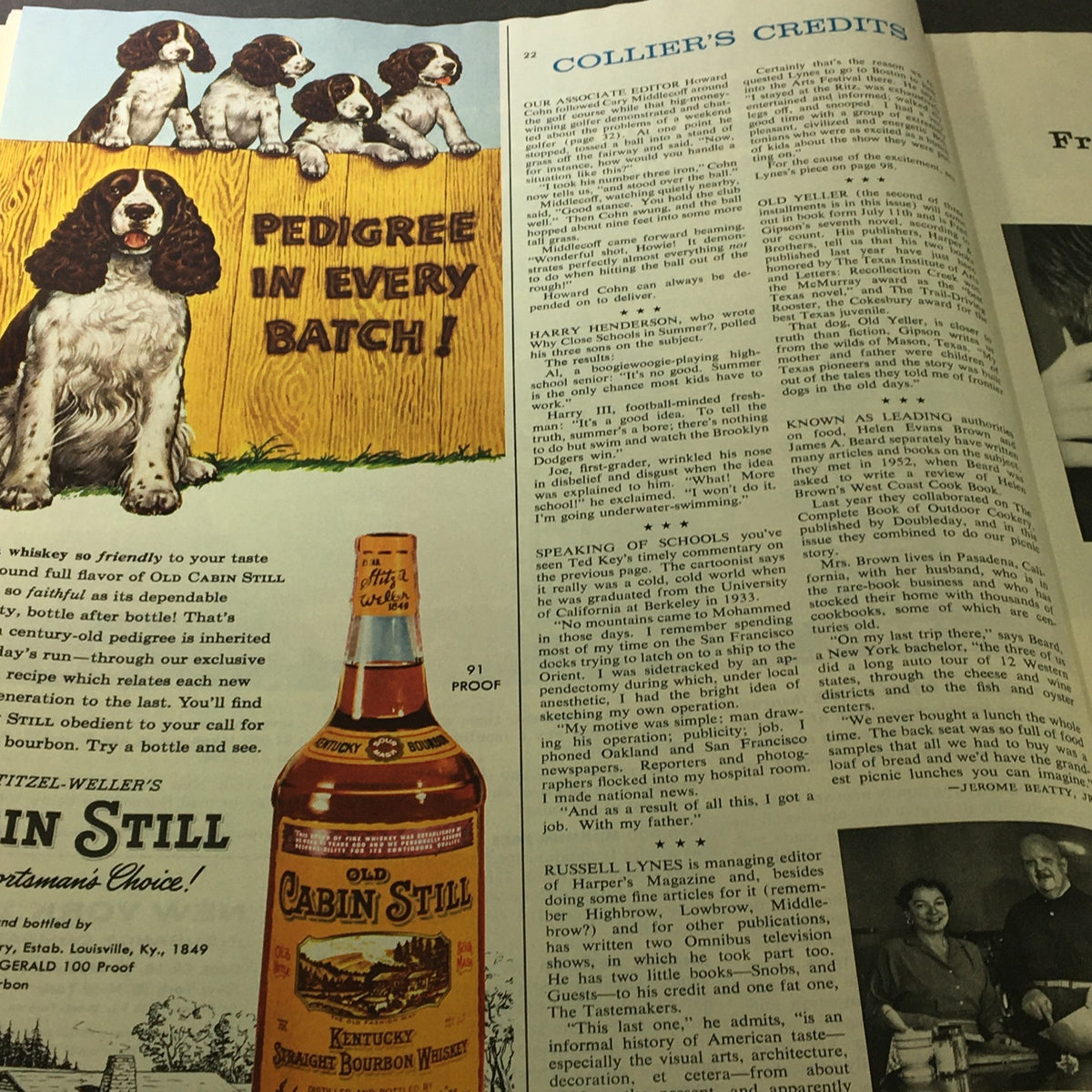 Advertisement for Old Cabin Still Bourbon featured in VTG Collier's Magazine June 22 1956, showcasing a playful portrayal of dogs.