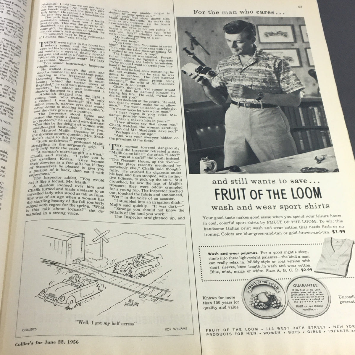 VTG Collier's Magazine June 22 1956 displaying a vintage advertisement for Fruit of the Loom shirts, accompanied by a male model examining a camera.