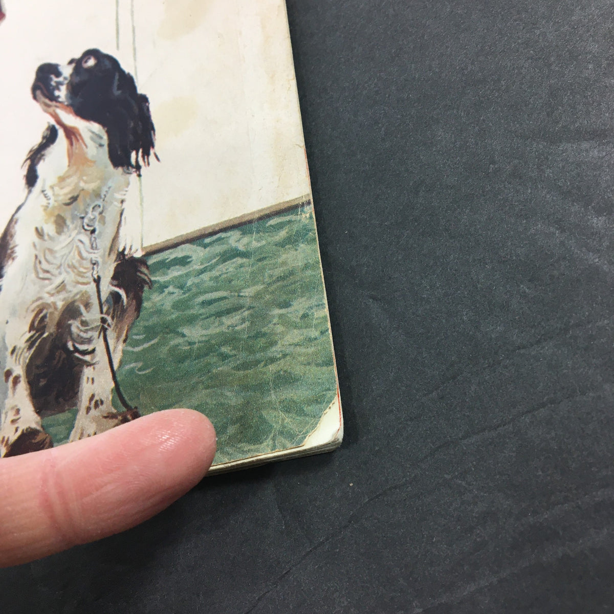 Detail view of the edge of VTG Collier's Magazine February 7, 1953 showing minor wear and a dog illustration, emphasizing the magazine's vintage condition.