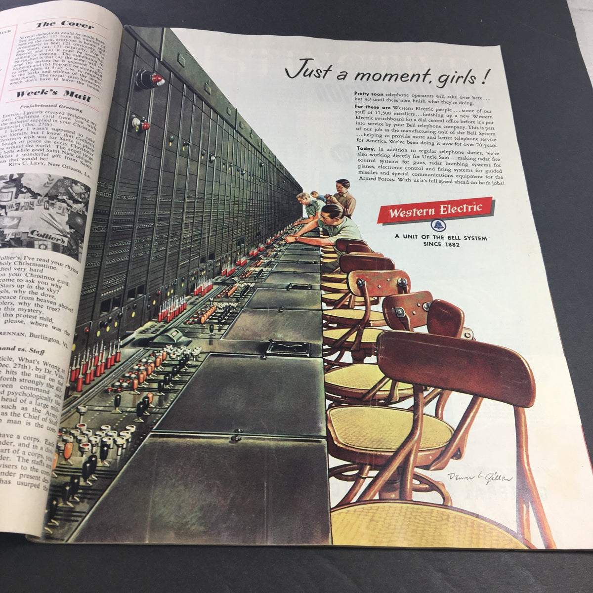 VTG Collier's Magazine February 7 1953 featuring an illustration of telephone operators at a Western Electric switchboard, showcasing technology from the early 1950s.